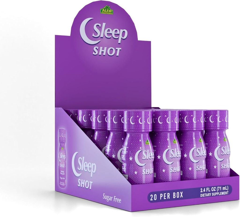 Sleep Shot by Alfa Vitamins - Innehåller 10 MG av Melatonin, Vitamin B6, L-Theanin för hälsosam sömn och natt tid Routine - 2.5oz Shot Bottle - 20 Pack