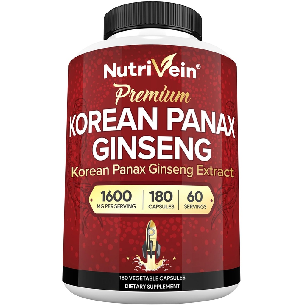 Nutrivein Korean Red Panax Ginseng 1600mg - Extra styrka Formel - 180 kapslar - Boost Energy, Mental Focus & Immune Health Naturligtvis