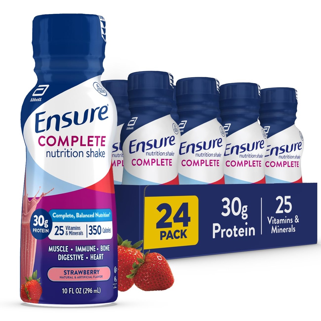 Säkerställ COMPLETE Strawberry Nutrition Shake, Complete, Balanced Meal Replacement, redo att dricka, 30g Protein, 25 Vitaminer & Minerals, 10 fl oz-24 Pack
