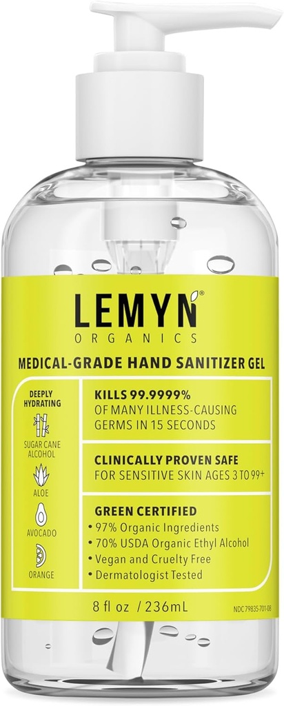 Medicinsk-Grade Hand Sanitizer Gel - 97% Organisk | 70% USP Ethyl Alkohol | Moisturizing Aloe + Hyaluronsyra | Färskt tillverkad i USA | 8oz flaska med pumpa