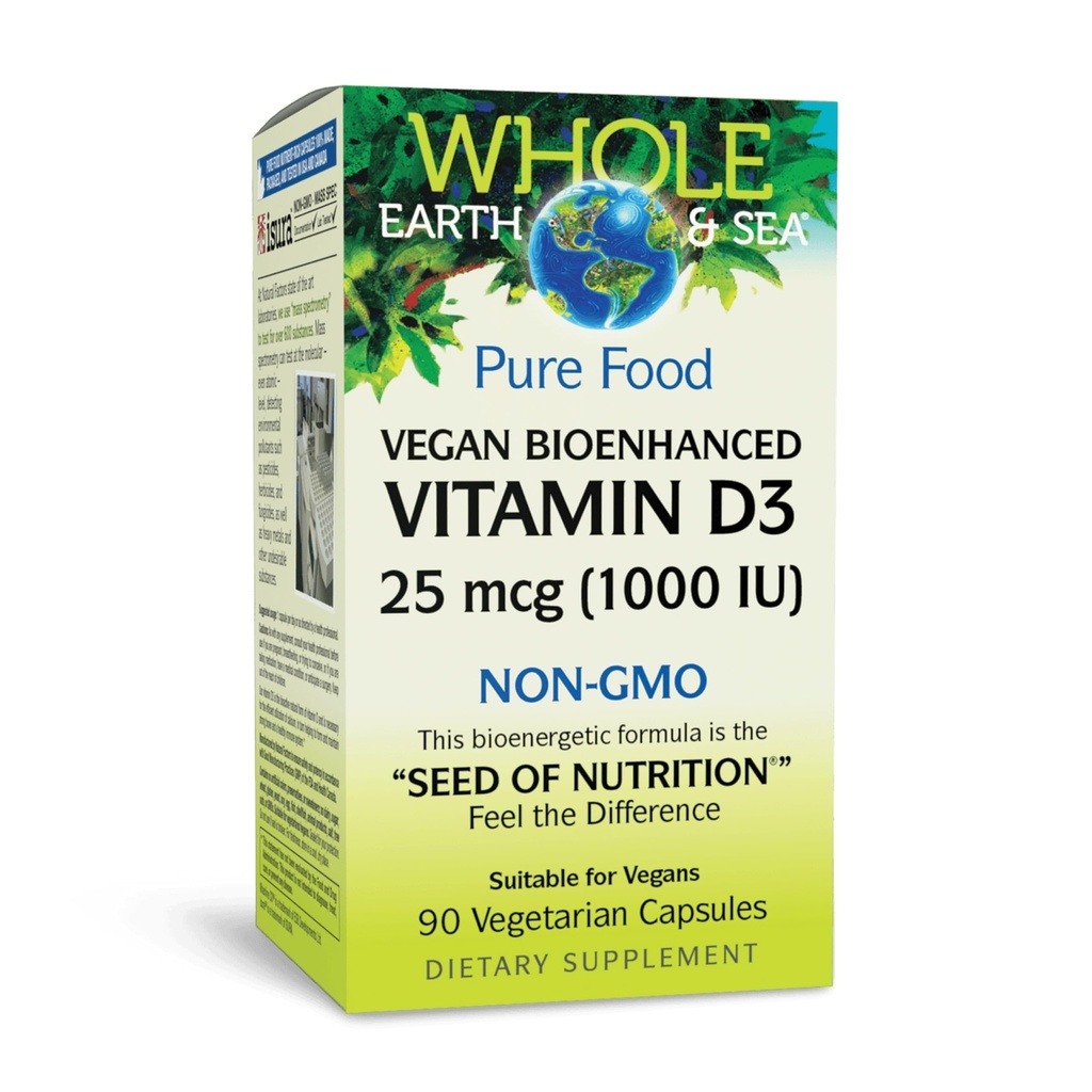 Natural Factors Whole Earth & Sea Vitamin D3 - Kosttillskott stöder starka ben och gemensamma - hjälper Calcium Absorption - Vegan & Non-GMO - 90 vegetariska kapslar (90 portioner)