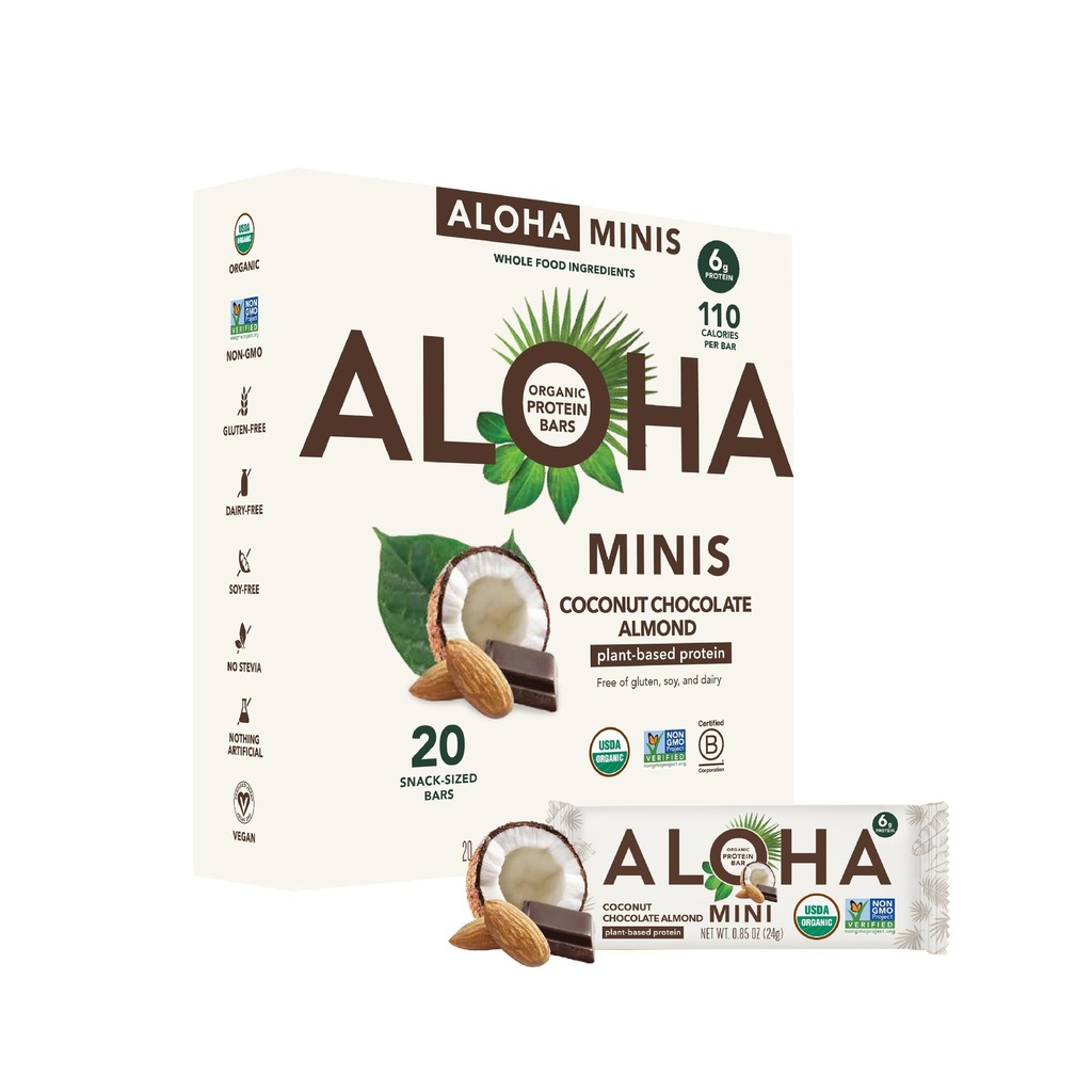 ALOHA Organic Plant Based Protein Bar MINIS | Coconut Chocolate Almond | 20 greve, 24g Bars | Vegan, Low Sugar, Gluten Free, Paleo, Low Carb, Non-GMO, Stevia Free, Soy Free, No Sugar Alkohols