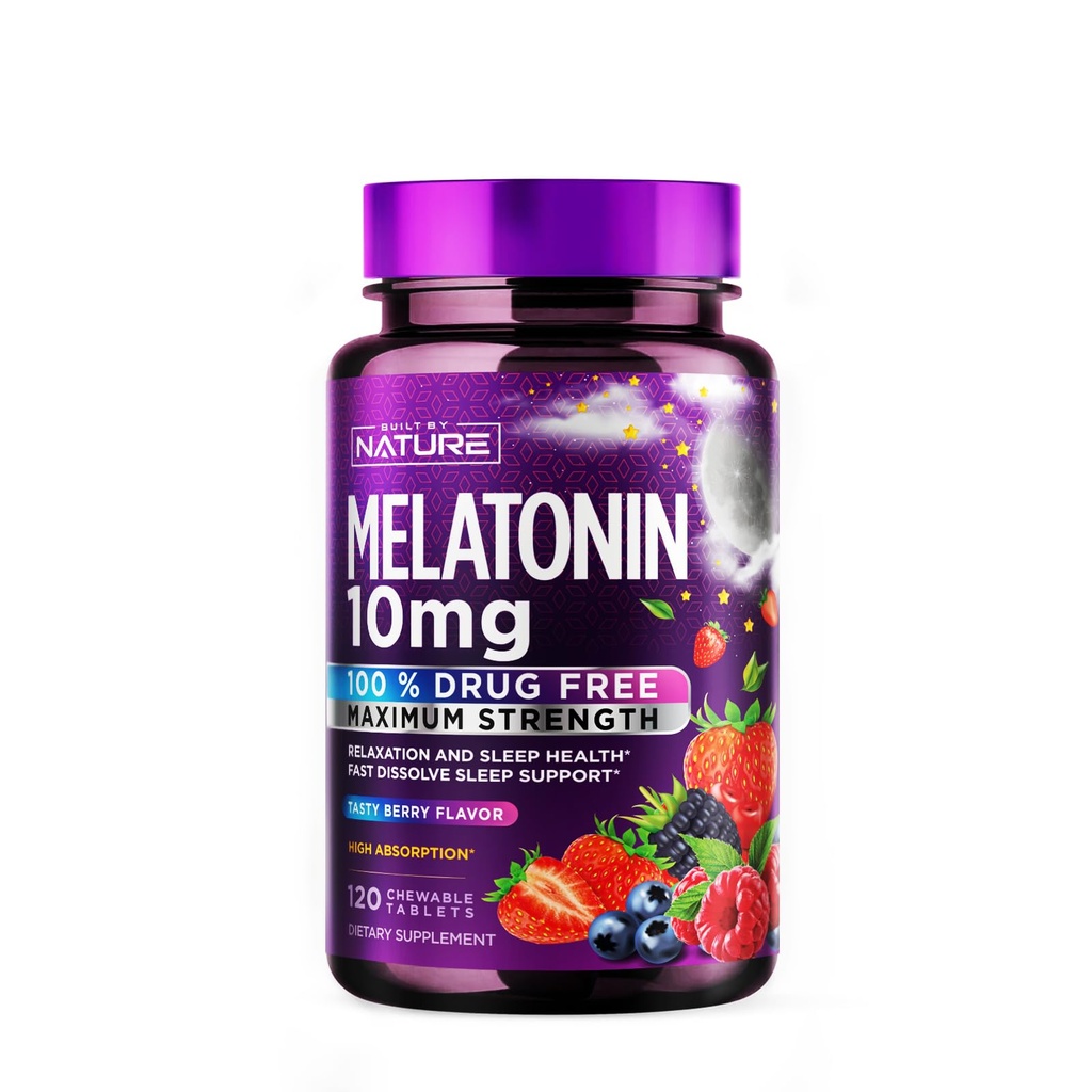 Byggd av Nature Melatonin 10mg Chewables - Max Strength Melatonin - Snabblöser Chews för vuxna - Drug-Free Sleep Aid Supplement - Vegan, Non-GMO, Gluten-Free - Berry Flavor - 120 Tabletter