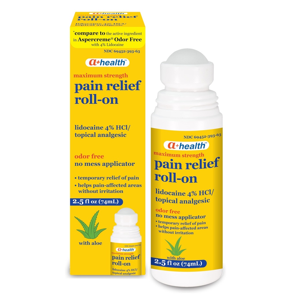 A + Health Pain Relief Roll-On Liquid, Lidocaine 4%, Odor Free, Maximum Strength Pain + Itch Relief med Aloe, Made in USA, 2,5 fl Ounces
