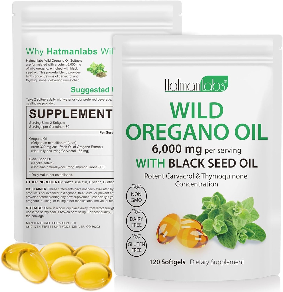 Olja av Oregano kapslar - Ingredienser Olja av Oregano Softgels - 2 i 1 6000mg Olja av Oregano med Black Seed Oil 200mg - High Carvacrol & Thymoquinone för Immune Support