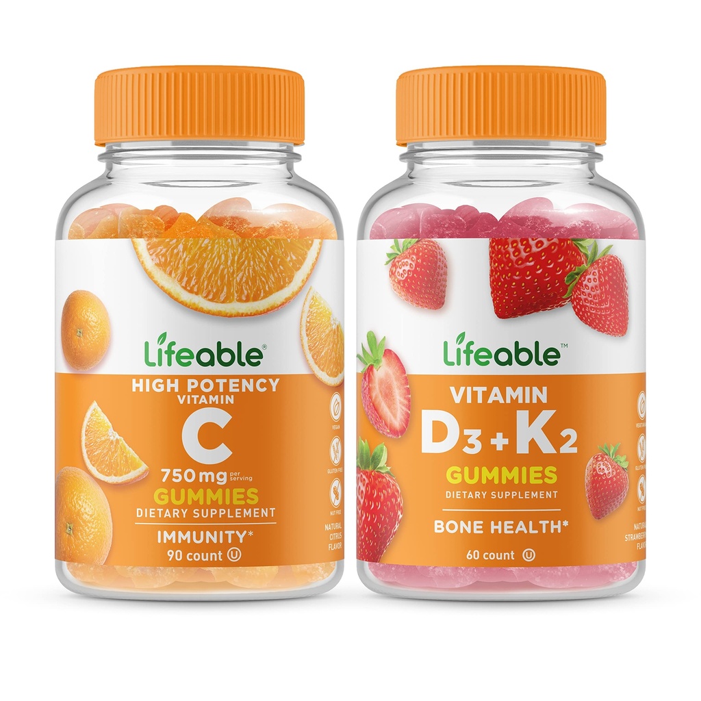 Livlig vitamin C 750mg + Vitamin D3 + Vitamin K2, Gummies Bundle - Great Tasting, Vitamin Supplement, Gluten Free, GMO Free, Chewable Gummy