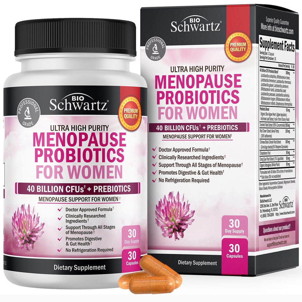 Klimakteriet kosttillskott för kvinnor - 40 miljarder CFU klimakteriet probiotika för kvinnor - Stöd för Hot Flashes Night Sweats Mood Swings and Balance - Non-GMO, 30 Easy-Swallow Capsules, 30 portioner