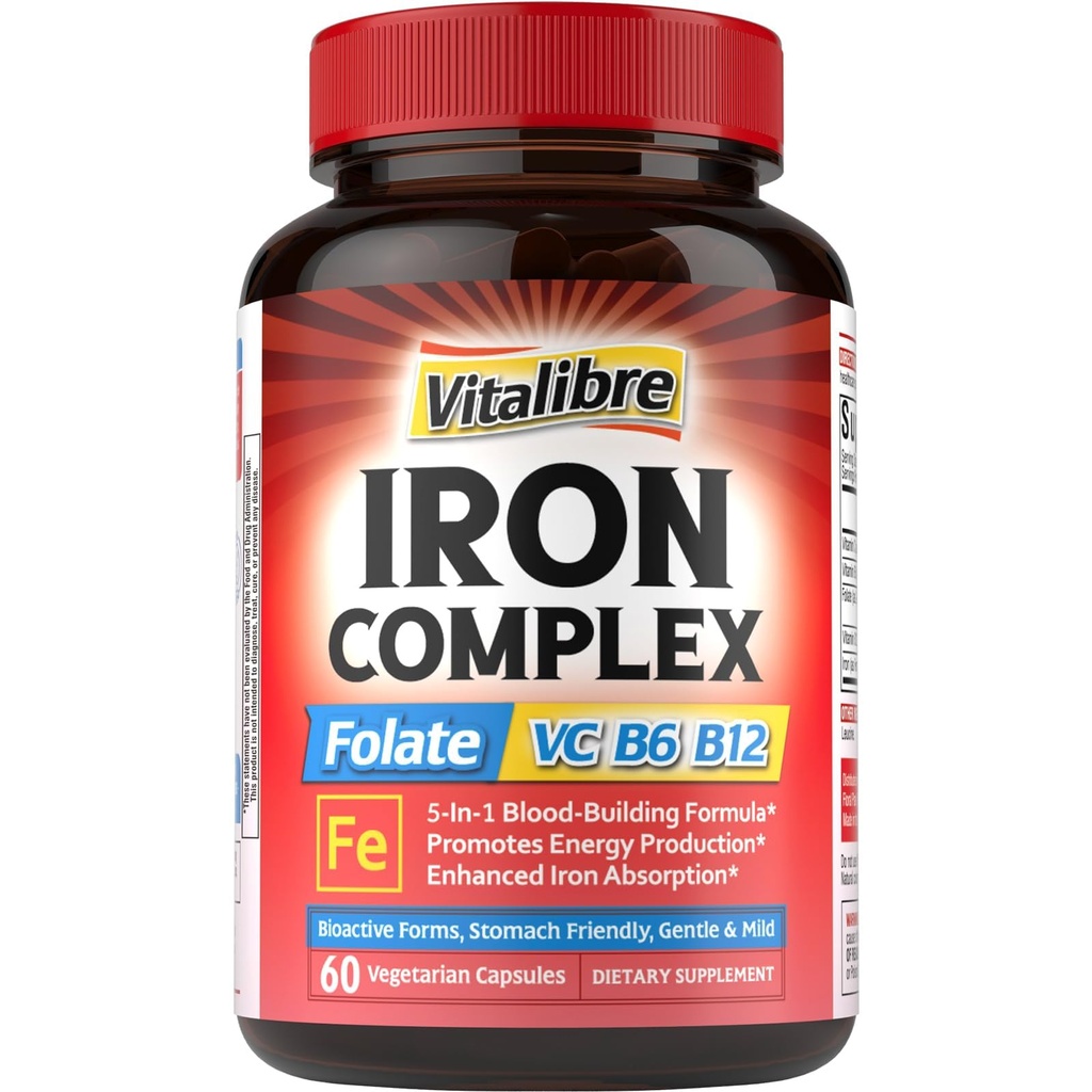 Järntillskott för kvinnor och män, med vitamin C, B6, B12 & folat för järnbrist, Blodbyggnad och energistöd, mage vänlig, bättre absorption, icke-GMO, ingen gluten, 60 Vegan Caps