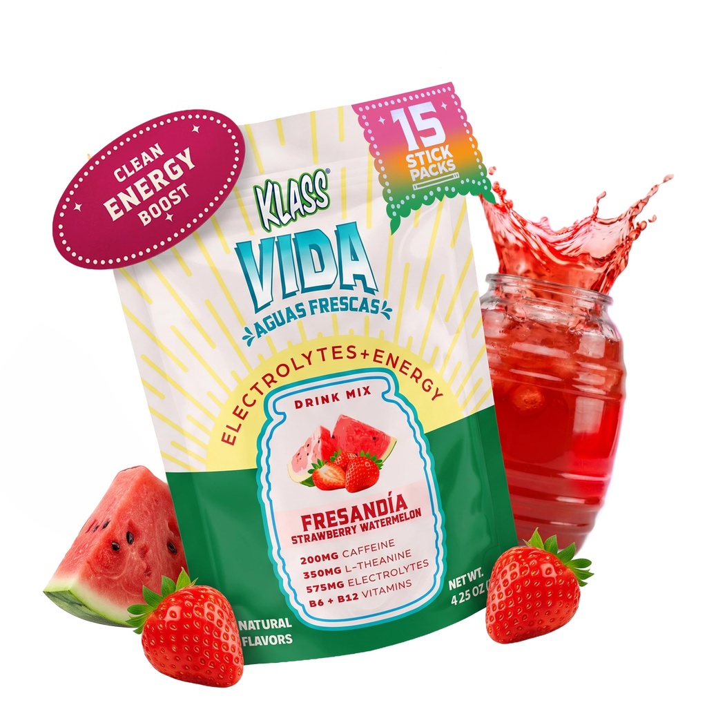 Hydration + Energy Electrolyte Drink Mix - Strawberry Watermelon Agua Fresca Flavor | Sugar-Free Powder med koffein, L-Theanine, Coconut Water & Minerals | 15 Single-Serve Stick Packs