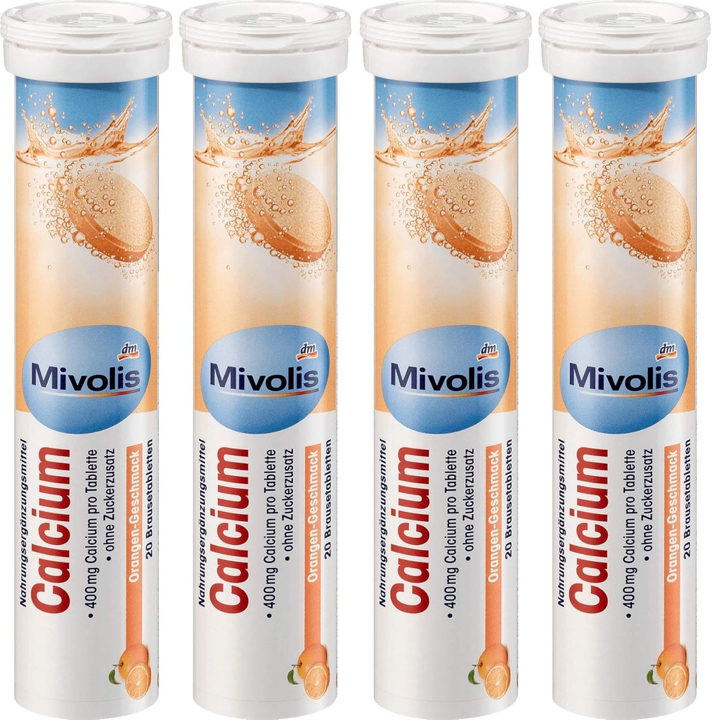 Mivolis Calcium Effervescent Tablets - Dietary Supplements 4 Packs x 20 pcs | Tyskland