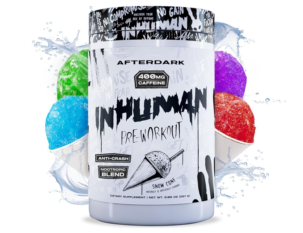 AFTERDARK INHUMAN Pre-Workout Powder, Förbättrad Mind-Muscle Connection, Sustained Energy, Potent Nootropic Blend, Vegan, Gluten-Free, Soy-Free, 400mg Koffein, Ingen Crash, SnowCone