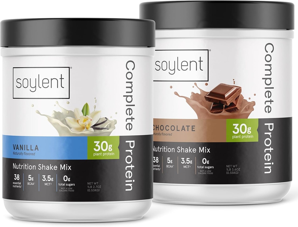 Bundle of Soylent Complete Protein Powder, 30g Protein Shake for Muscle Growth and Recovery, Zero Sugar, Gluten Free, Vegan - Vanilla & Chocolate (Två 1,25LBs Tubs)
