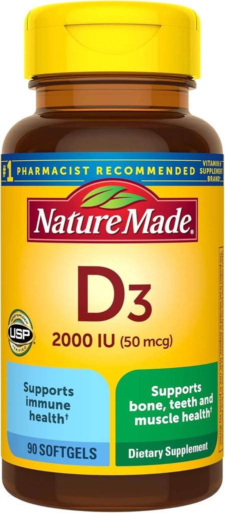 Nature Made Vitamin D3 2000 IE (50 mcg), Vitamin D Supplement för ben, tänder, muskel- och immunhälsostöd, 90 Softgels, 90 Day Supply