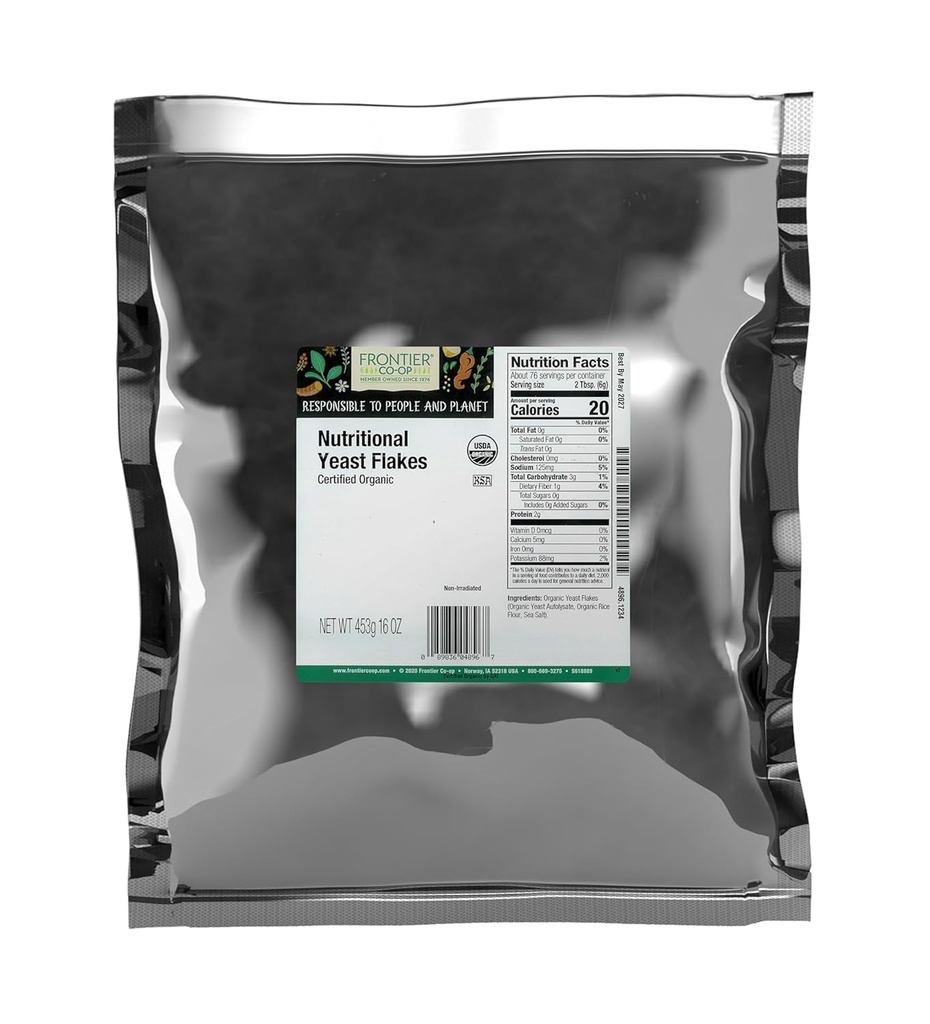 Frontier Co-op Organic Nutritional Yeast Flakes, 16 Oz, Bulk Bag - Essential B Vitaminer, Non-Irradiated, Kosher Yeast - Parmesan Cheese Substitute