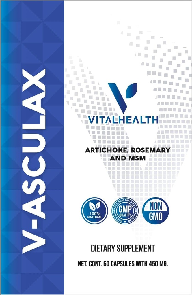 Vital Health V-Asculax Circulation Support - Hjärthälsa, Blodflöde, Fluid Retention & Arterial Circulation - Natural Herbal Formel med Häxa Hazel, Rue, Artichoke, Rosemary, MSM & Horsetail