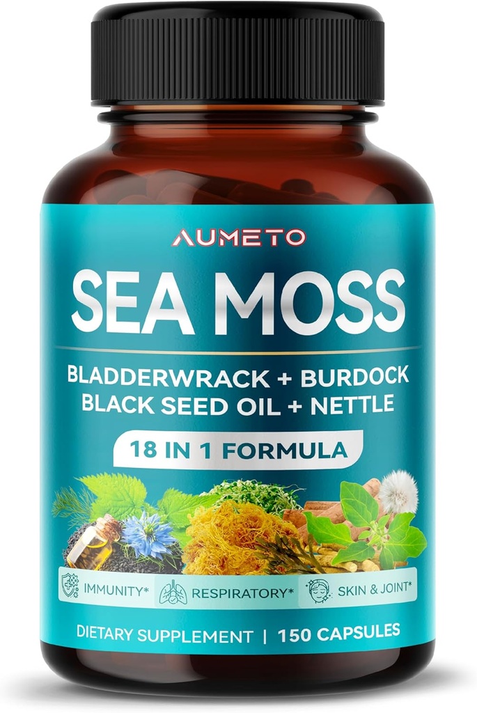 Premium Sea Moss Supplement med Black Seed Oil, Ashwagandha, Bladderwrack, Nettle- Advanced 18-i-1 Formel för immunförsvar, Mineral-Rich - Tillverkad i USA (150 greve 1)