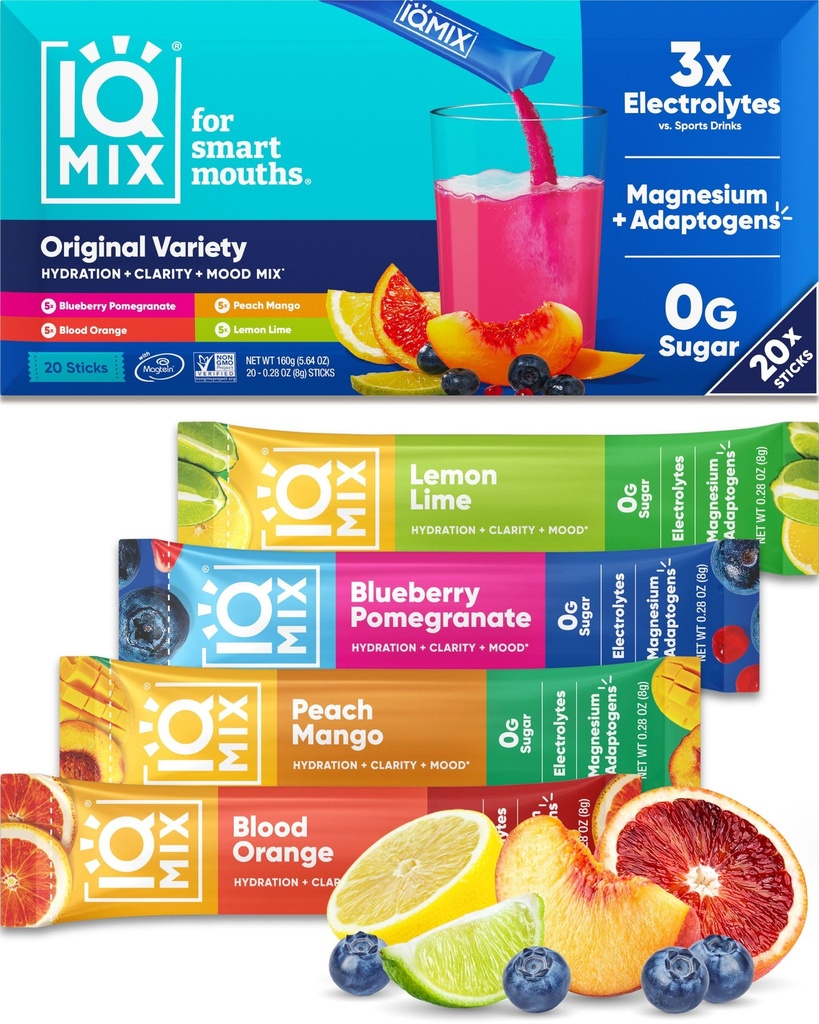 IQMIX Hydration Electrolyte Powder - 4-i-1 Formel för Hydration, Mental Clarity, Mood and Recovery - Sugar-Free Drink Mix, Keto, Magnesium L-Threonate, Lion's Mane - 20 Count Variety Pack