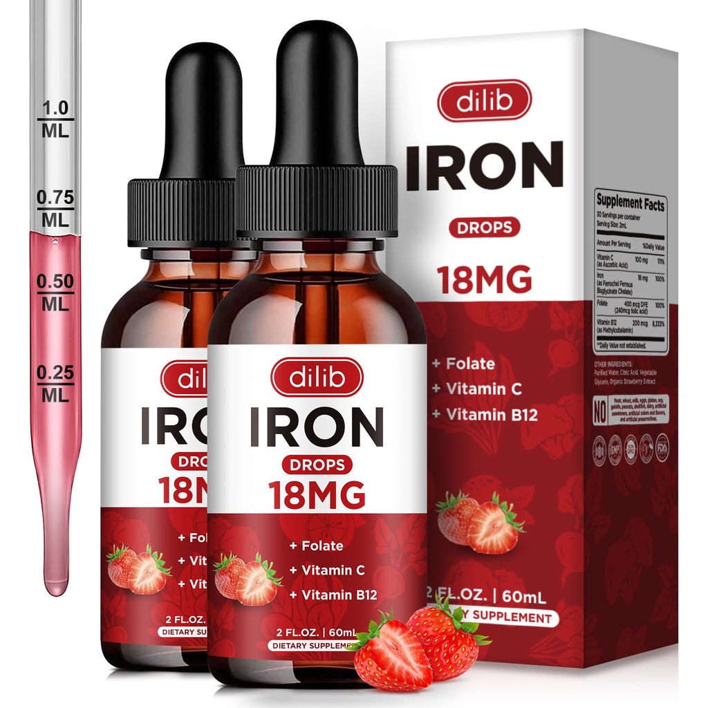 (2 Pack) Flytande järntillskott för kvinnor och män järn droppar järntillskott för anemi med folat, vitamin C, B12 för rött blodcellsupport-strawberry, 4 Fl Oz