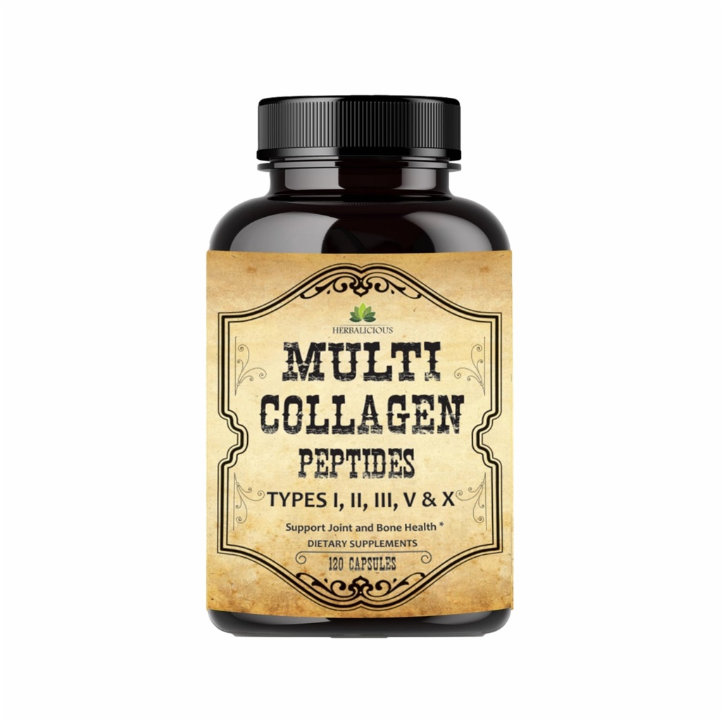 HERBALICIOUS Multi Collagen Peptides Capsules - Non-GMO & Gluten Free Typ I, II, III, V, X Hydrolyzed Collagen Supplements with Vitamin C - Supports Healthy Hair, Skin, Nails, & Joints - 120 kapslar