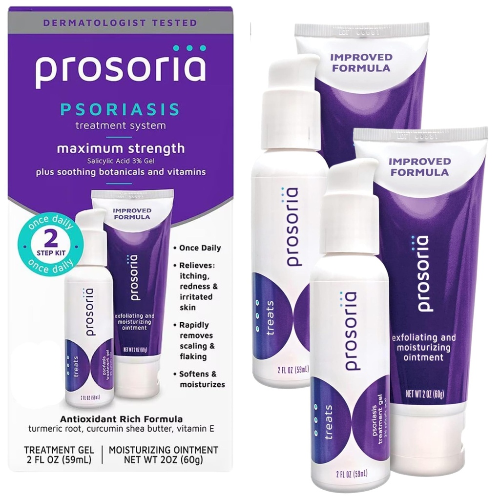 Prosoria Behandlingssystem Double Kit - 2oz | Kraftfull Psoriasis Relief med salicylsyra, gurkmeja, Shea Butter & Vitaminer | Gel & Ointment för skalning, Flaking, torrhet, kläckning & Redness Relief