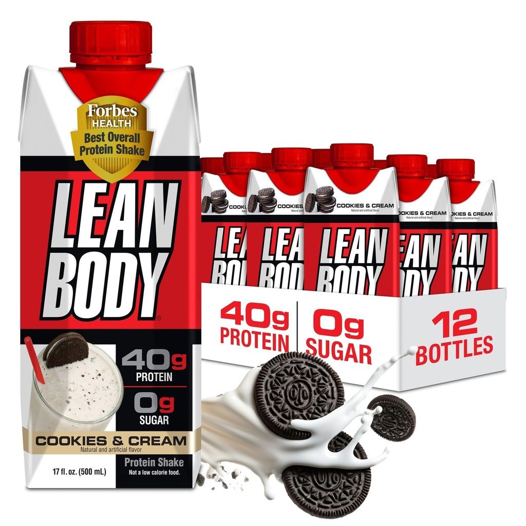Lean Body Ready-to-Drink Cookies och Cream Protein Shake, 40g Protein, Whey Blend, 0 Sugar, Gluten No, 22 Vitaminer & Minerals, (Recyclable Carton & Lid - Pack av 12) LABRADA, 17 Fl Oz (Pack av 12)