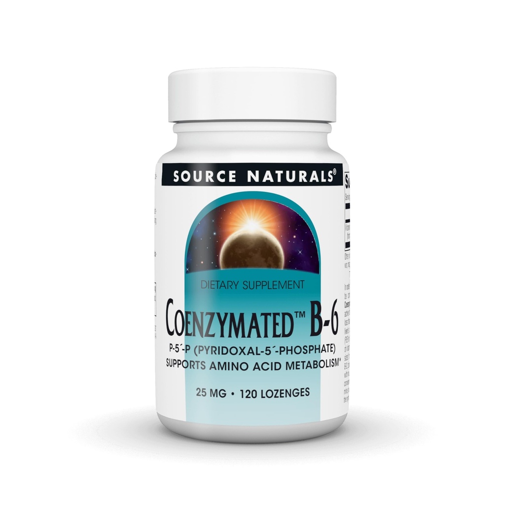 Källa Naturals Coenzymated B-6, P-5 Pyridoxal-5 Phosphate Fast-Acting, Quick Dissolve Vitamin stöder Amino Acid Metabolism *, 25 mg - 120 Lozenges