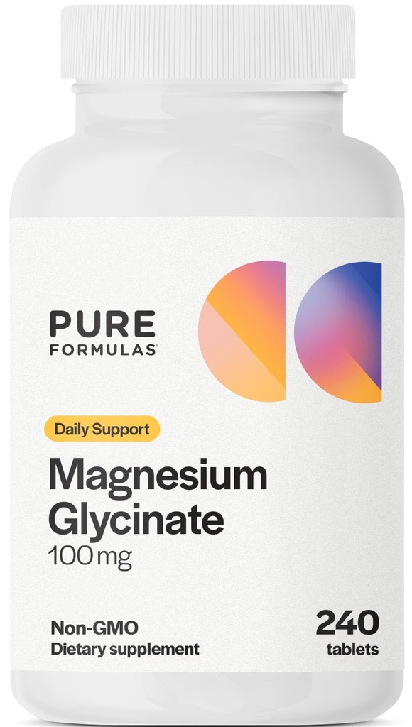 PureFormulas Magnesium Glycinate 100 mg Dagligt stöd för stress, nerver, sömn, muskler, metabolism Pure Magnesium Glycinate Supplement för kvinnor och män Magnesio Non-GMO 240 tabletter