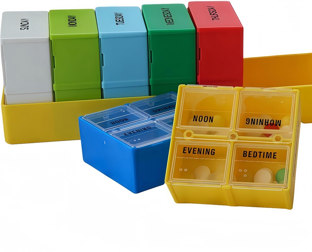 Large Weekly Pill Case, 7-Day Pill Case Compartments, Pill Organizer 4 Times Daily, 4-A-Day Pill Container, Secure Compartments, 7.8 x 2.3 x 2.3 in, Yellow