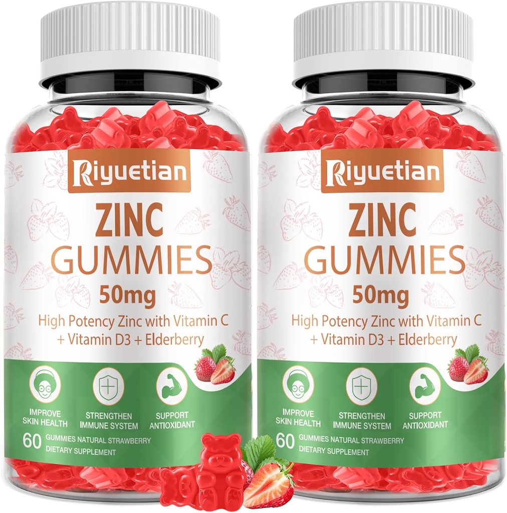 Zink Gummies 50mg - Vitamin C, D3 & Elderberry, Echinacea, Zink Immune Health Gummies, icke-GMO, naturliga antioxidanttillskott för män och kvinnor, Vegan 2 Pack