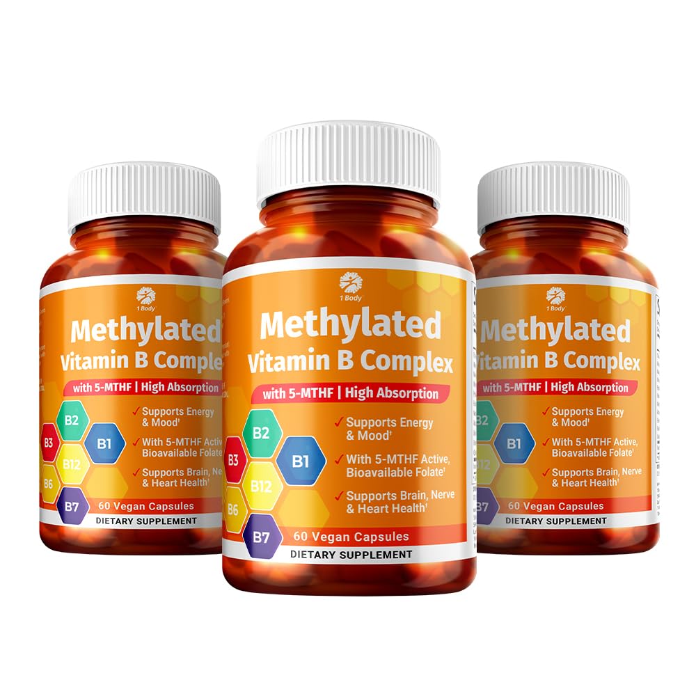 1 Body Vitamin B Complex 3 Pack - Bioavailable B Vitaminer med 5-MTHF Folate, B1, B2, B5, B6, Methyl B12, Niacin & Biotin - Non-GMO, Vegan, Made in USA
