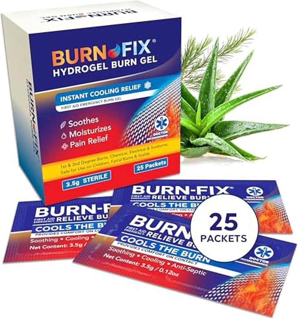 BurnFix® Hydrogel Burn Gel Packets - 3,5 g Soothing First Aid Burn Cream för omedelbar kyllindring på mindre burns, solbrännor och skalor | Idealisk nödsituation Kit Essential (Pack av 25)