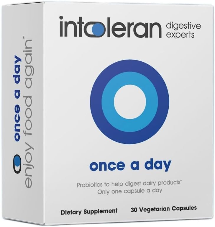 Intoleran En gång om dagen - 30 kapslar | Probiotisk laktosintolerans tillskott | Aktivt producerar laktasenzym och hjälper Digest Dairy | 1 kapsel per dag | 6 Lactic Acid Ferments | Pure & Dairy Free