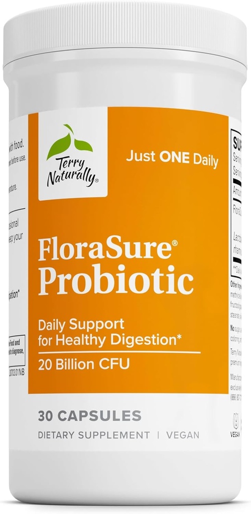 Terry Naturally FloraSure Probiotic - Digestion Supplement to Aid Against Occasional Bloating & Support Gas Relief - Gut Health Support Supplement med Bifidobacterium Bifidum - 30 kapslar