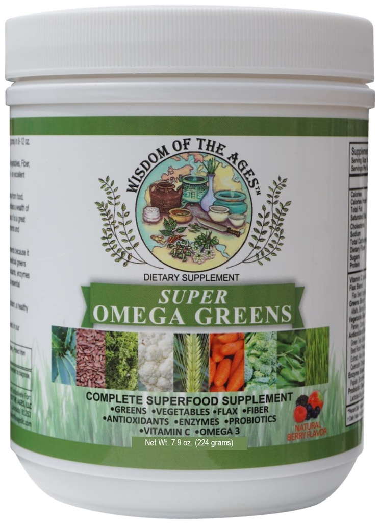 Super Omega Greens kompletterar superfood med gröna, grönsaker, lin, fiber, antioxidanter, enzymer, probiotika, vitamin C och Omega 3-7.9oz pulver