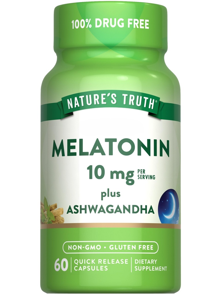 Naturens Sanning Melatonin 10mg med Ashwagandha | 60 kapslar | Non-GMO & Gluten fri tillägg för vuxna
