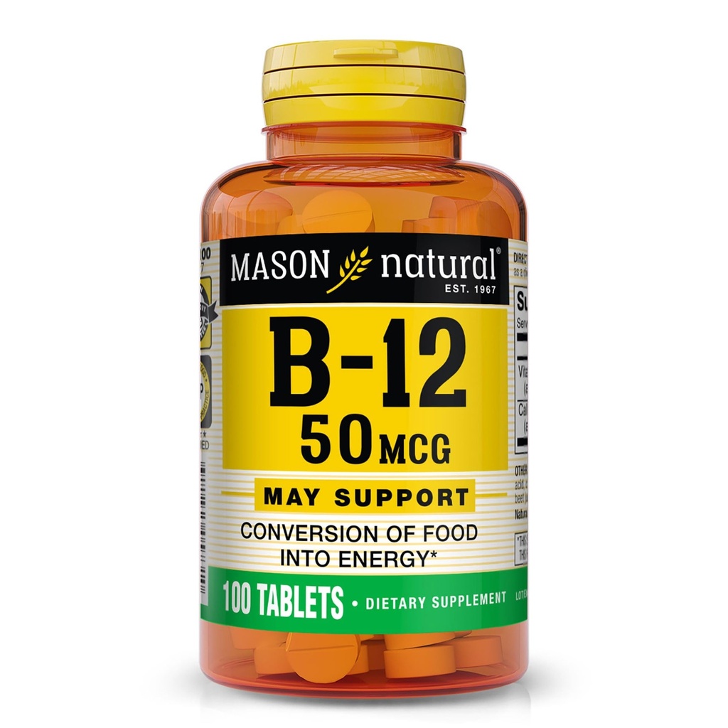 MASON NATURAL Vitamin B12 50 mcg med Calcium, 100-dagars Supply, Kosttillskott för att stödja naturliga energinivåer, 100 tabletter (Pack of 1)
