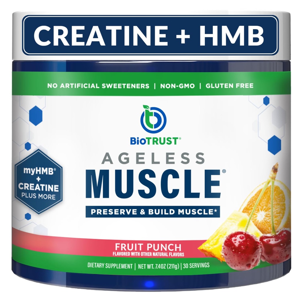 BioTrust Ageless Muscle Builder - Kreatin HMB-pulver med vitamin D3 & Betaine - Bygg och bevara naturligt minskande muskelmassa och styrka - Fruit Punch, 30 portioner