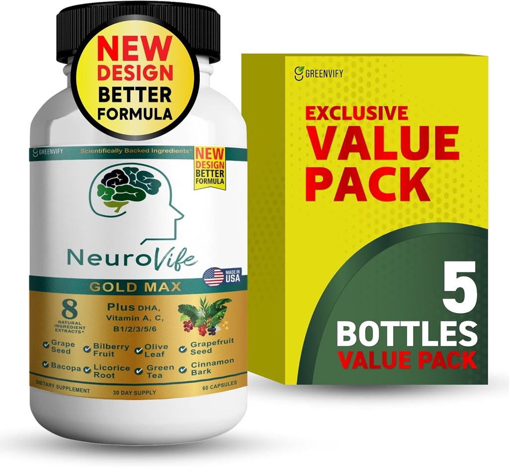 NeuroVife Gold Max Brain Support Supplement | 8 naturliga extrakt med DHA, vitamin A, C, B Complex | 60 Veggie kapslar | Made in USA (5)