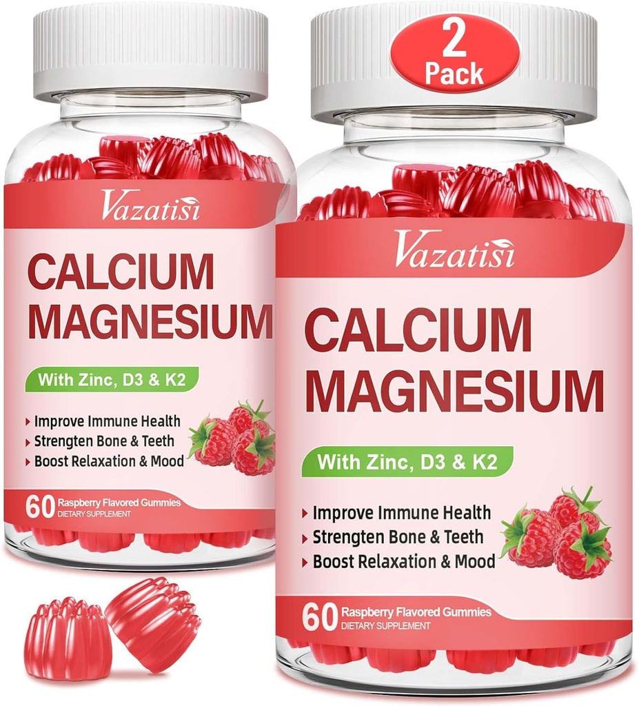 Kalcium Magnesium Zink Gummies med vitamin D3 & K2, High Absorption Magnesium Glycinate Kalium för immun och lugnt humör, Raspberry Flavor 120 Gummies