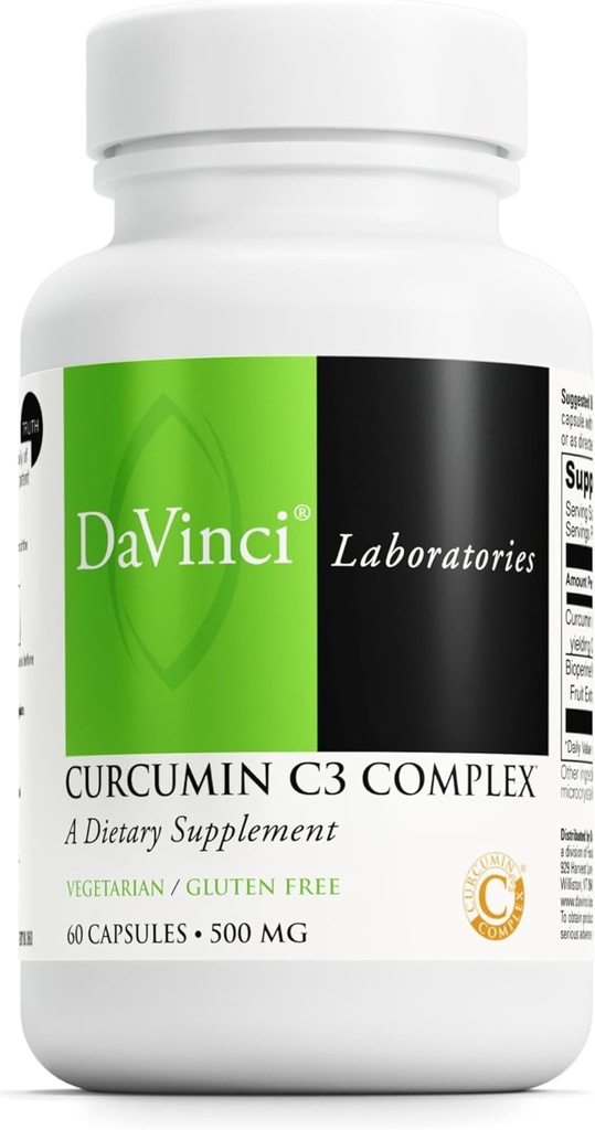 DAVINCI Labs Curcumin C3 Complex - Kosttillskott för att stödja Gallbladder Funktion och hälsosam lever - med Curcuminoids och Bioperine Fruit Extract - Glutenfri - 60 vegetariska kapslar
