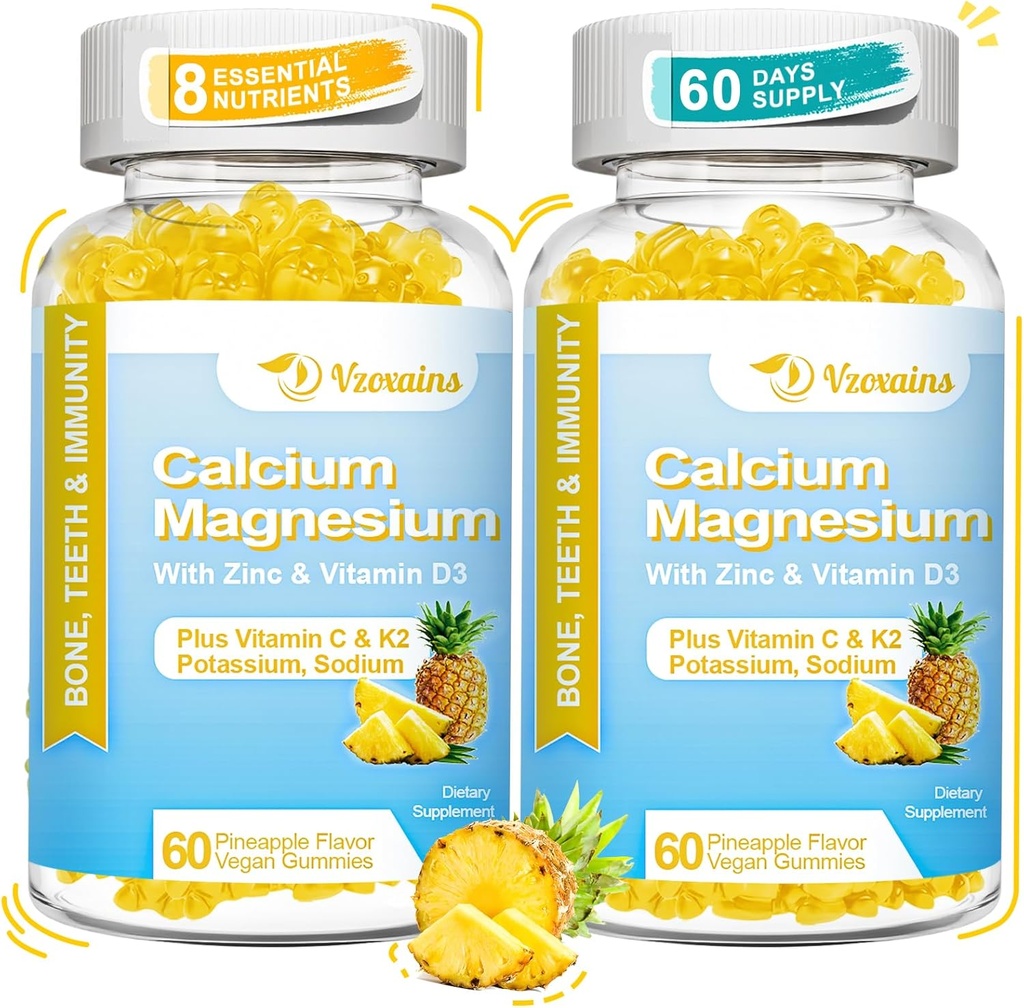 High Absorption Calcium Gummies, Sugar Free Calcium Magnesium Gummies with Vitamin D3 for Men and Women, Pineapple Flavor 120 Cts