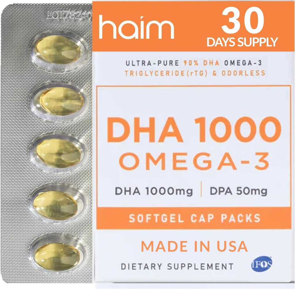 HAIM DHA 1000 Omega-3 Fiskolja - 90% Purity med 1000mg DHA, 50mg DPA - High Potency Fish Oil Supplement för hjärna, Eye & Heart Support - Främjar övergripande Wellness & Focus - 1 Box, 60 Softgels