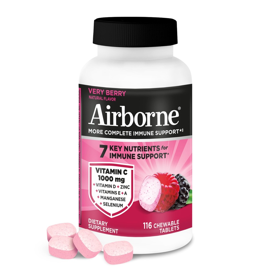 Airborne Vitamin C 1000mg (per portion) - Mycket Berry Chewable Tablets (116 greve i en flaska), Gluten-Free Immune Support Supplement, med vitaminer A C E, Zink, Selen, Ginger, Antioxidanter