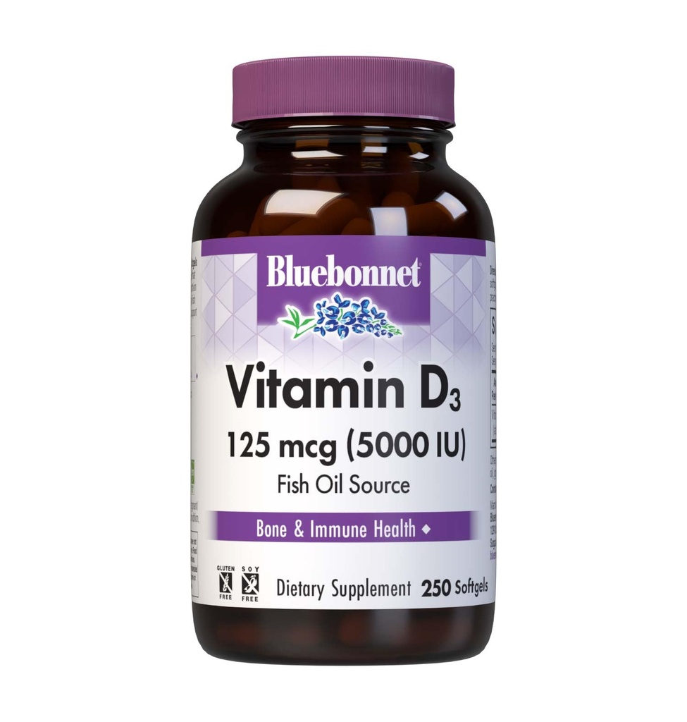 Bluebonnet Nutrition Vitamin D3 5000 IE Softgels, Aids in Muscle and Skeletal Growth, Cholecalciferol från Fish Oil, Non GMO, Gluten Free, Soy Free, Dairy Free, Yellow, 250 Softgels