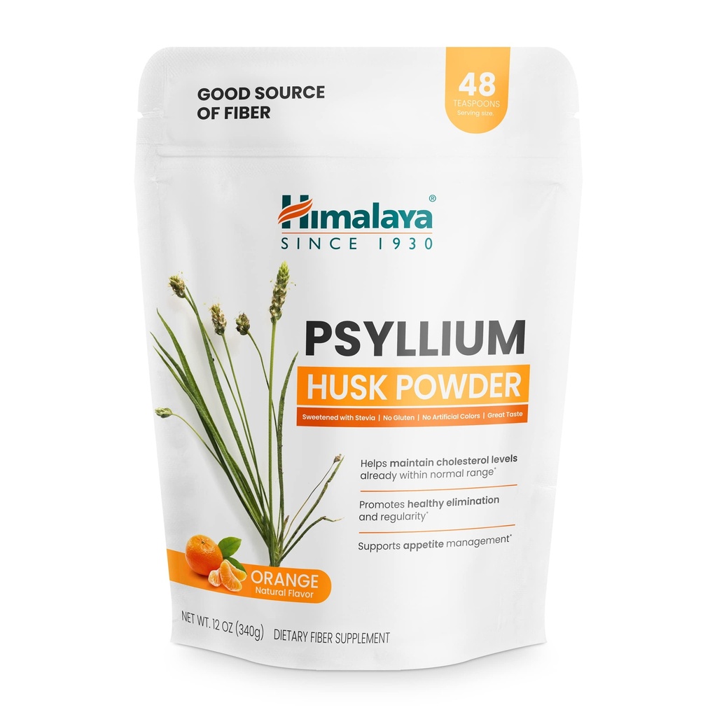 Himalaya Psyllium Husk Powder, Orange, 48 Servings - Daily Fiber Supplement for Supporting Digestive Health and Regularity - Vegan, Non-GMO, Sugar Free, Gluten Free, 12 oz (340 g)