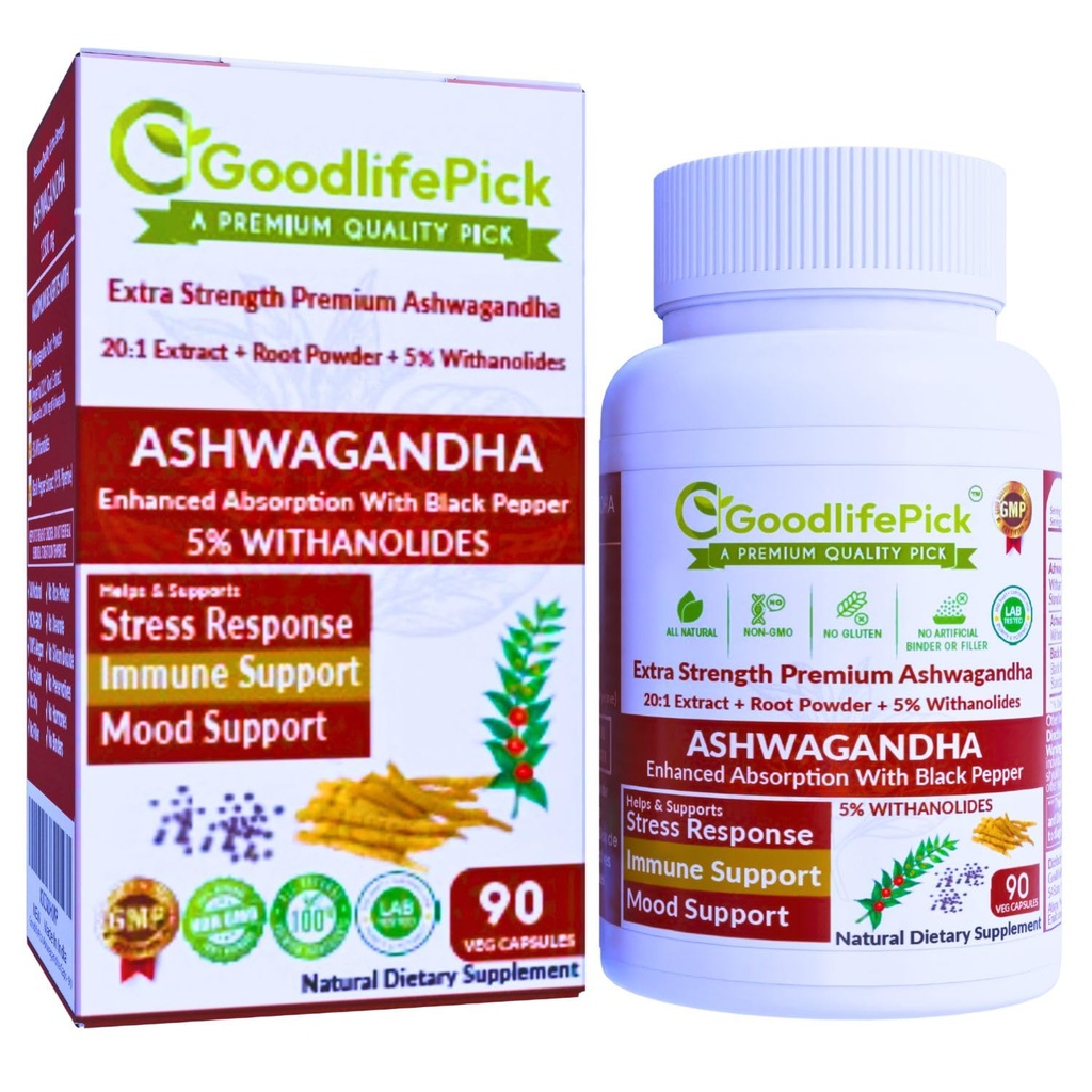 Premium Ashwagandha kapslar med Black Pepper. Kraftfulla 5% Wthanolides från Ashwagandha Powder & 20:1 Extract 90 ct. Natural NonGMO NO Rice Powder NO Filler