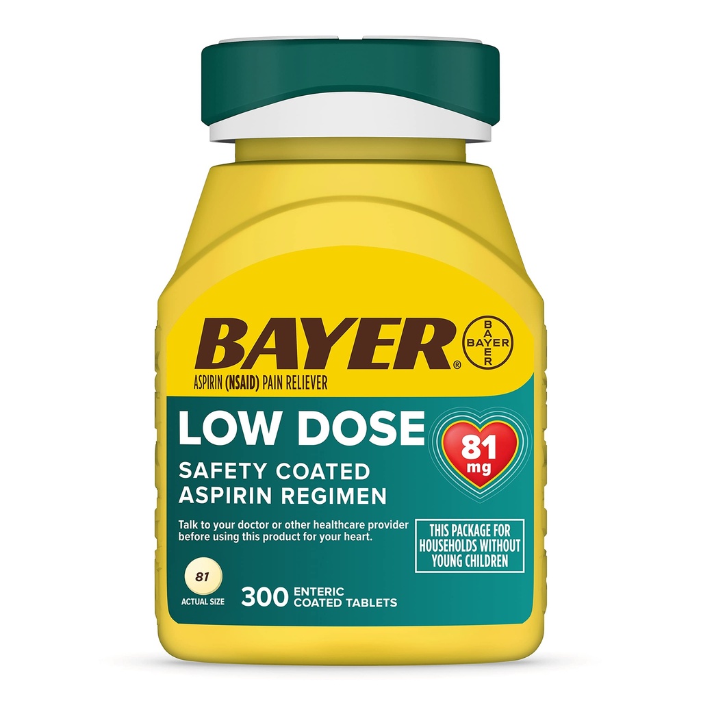 Bayer Aspirin Low Dose 81 mg, Enteric Coated tabletter, Doctor Recommended, sekundär förebyggande av hjärt-kärlsjukdom, 300 säkerhetsbelagda tabletter