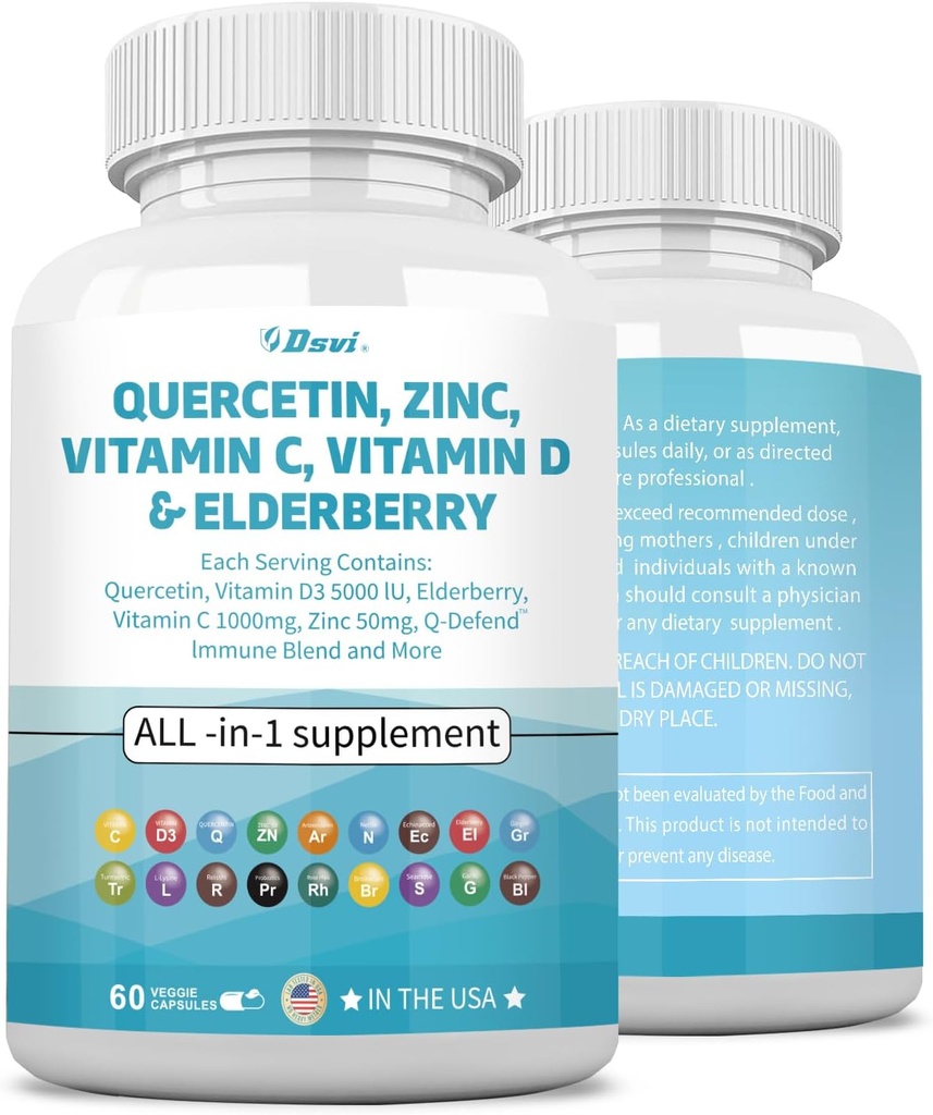 Quercetin 1000mg Zinc 50mg Vitamin C 1000mg Vitamin D 5000IU Immune System Support Supplement with Echinacea Ginger Bromelain Sea Moss Garlic Nettle Vegan Capsules for Men and Women,60 Count USA
