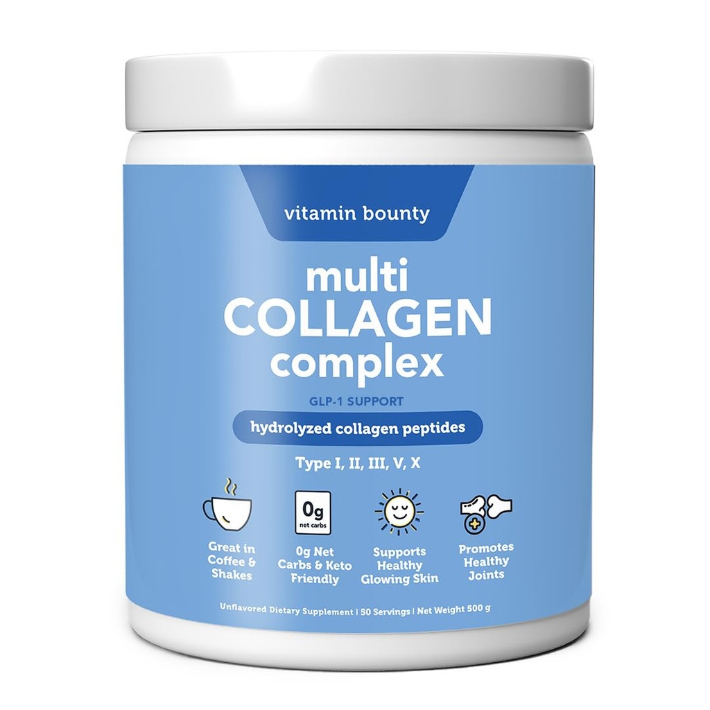 Vitamin Bounty Multi Collagen Complex - Hydrolyzed Collagen Peptides Types I, II, III, V & X - Supports Skin Elasticity, Joint Health, Hair & Nail Growth - 50 Servings