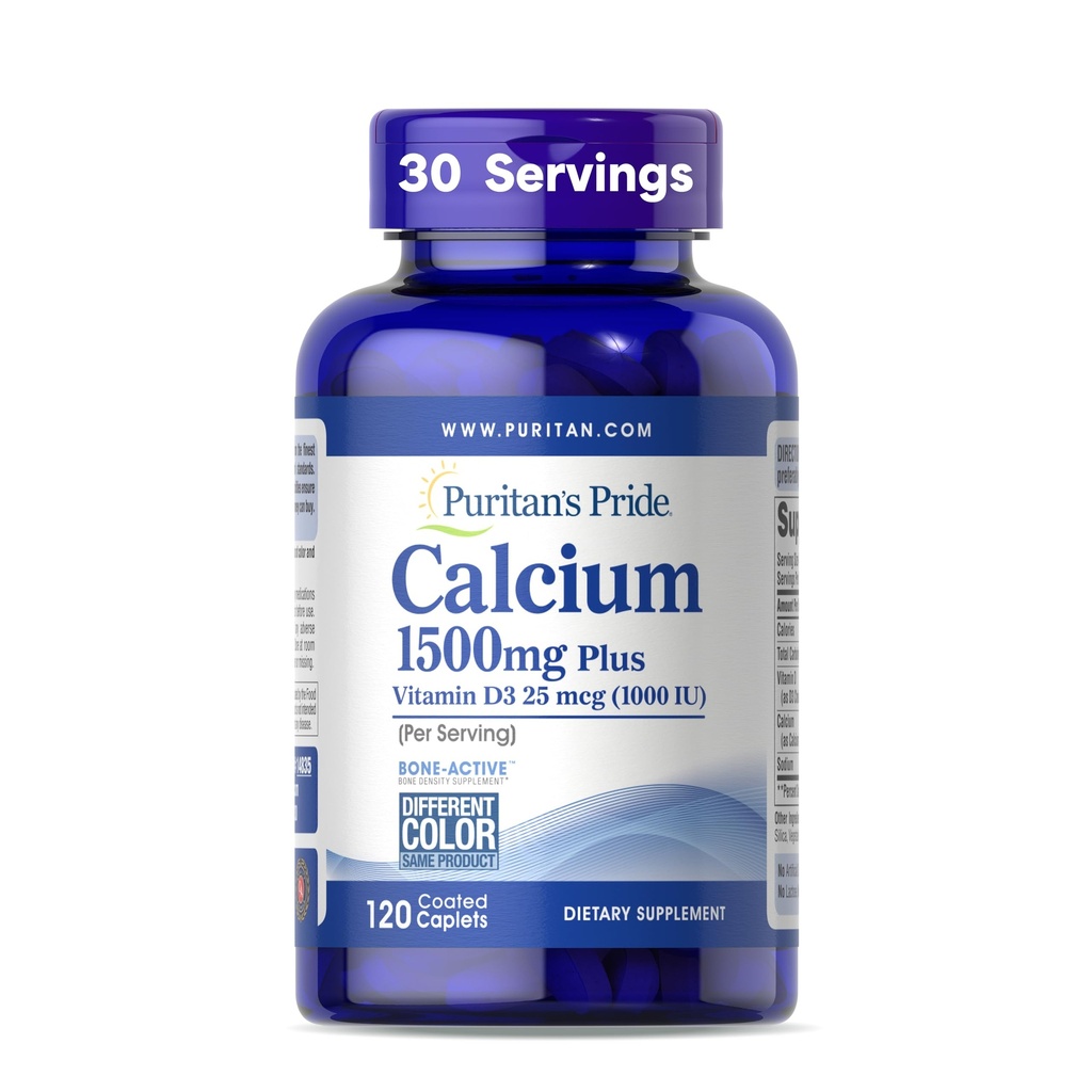 Puritans Pride Absorbable Calcium 1500 mg Plus Vitamin D3 25mcg 1000 IE, Kosttillskott för Benstyrka, Hjärta, Nerve, Muscle och Immune Support, 120 Coated Caplets